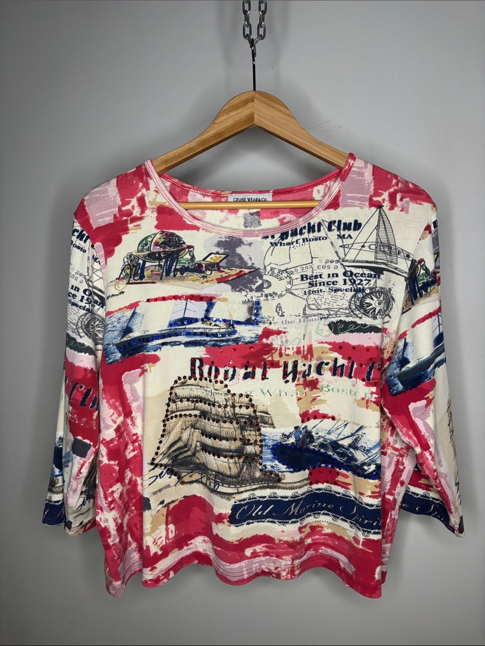 Y2K Nautical 3/4 Sleeve Scoop Neck Top Cruise Core Sparkle